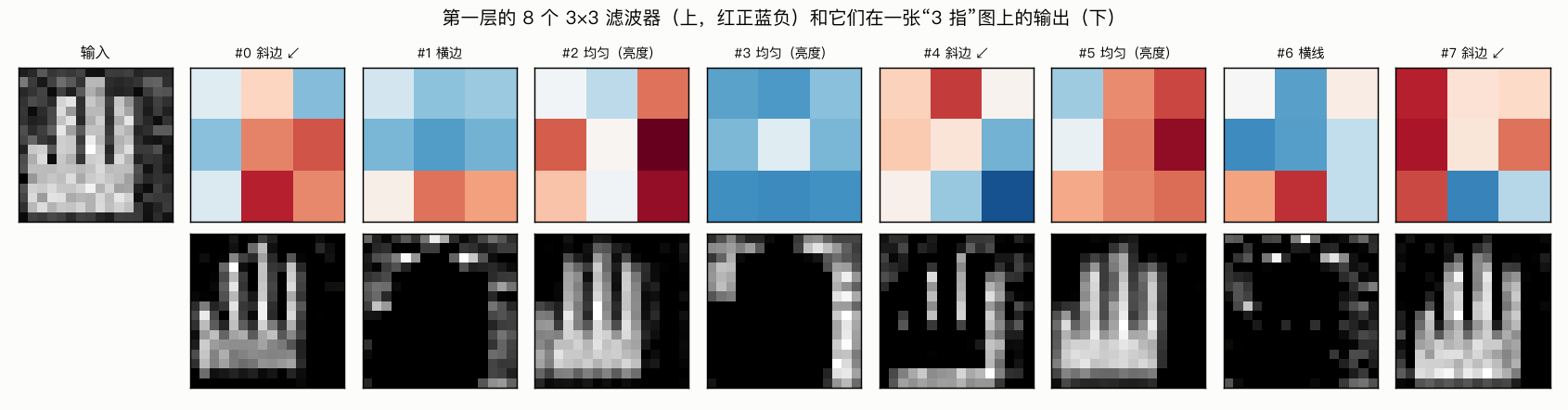 第一层的 8 个滤波器和它们的输出